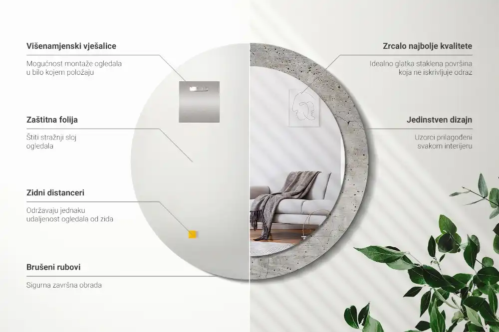 Miroir rond imprimé béton gris