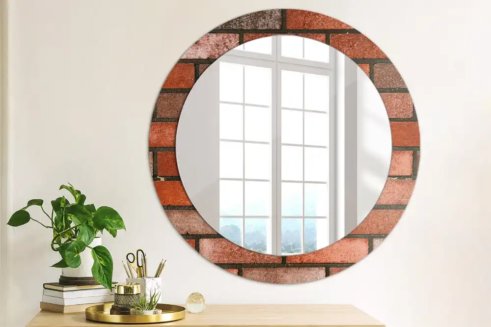 Miroir rond imprimé brique rouge