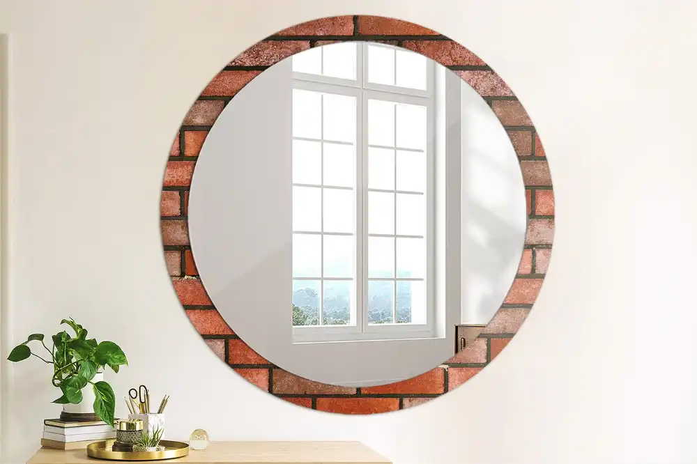Miroir rond imprimé brique rouge