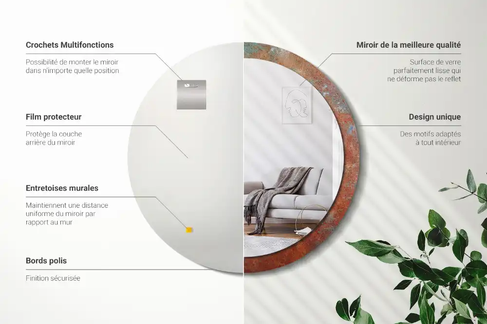Miroir rond imprimé métal rouillé