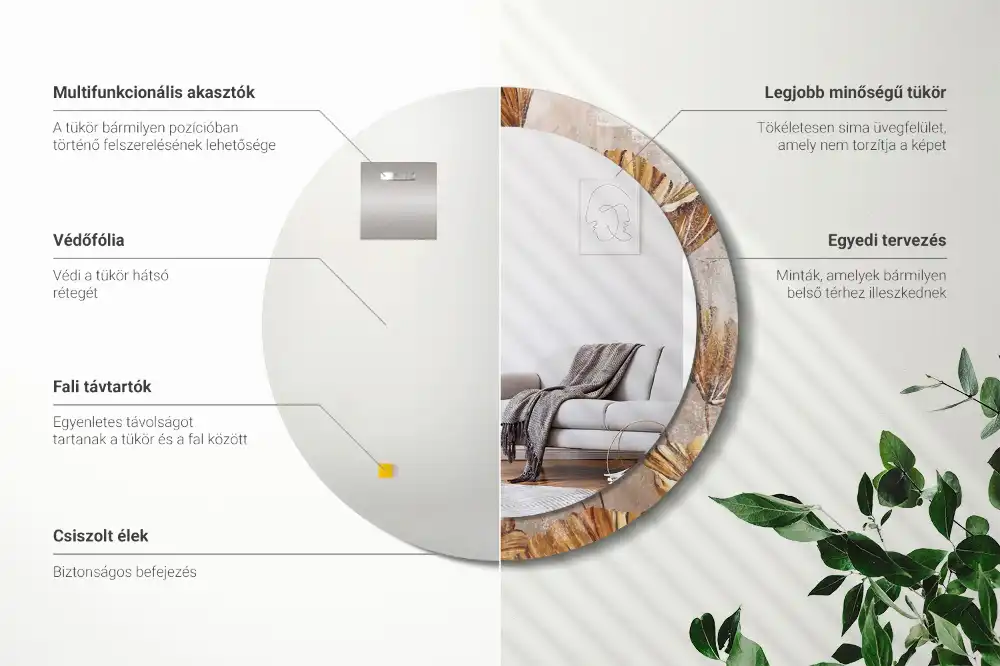 Miroir rond imprimé feuilles style boho