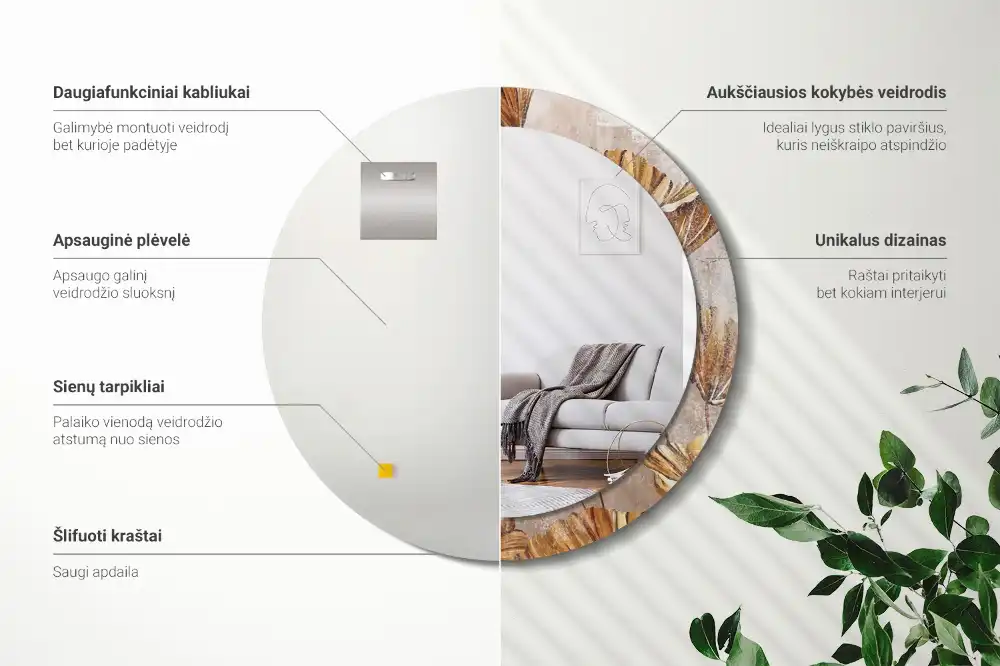 Miroir rond imprimé feuilles style boho