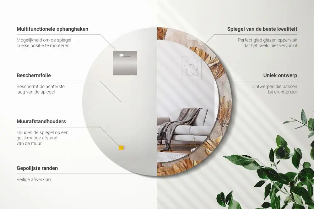 Miroir rond imprimé feuilles style boho