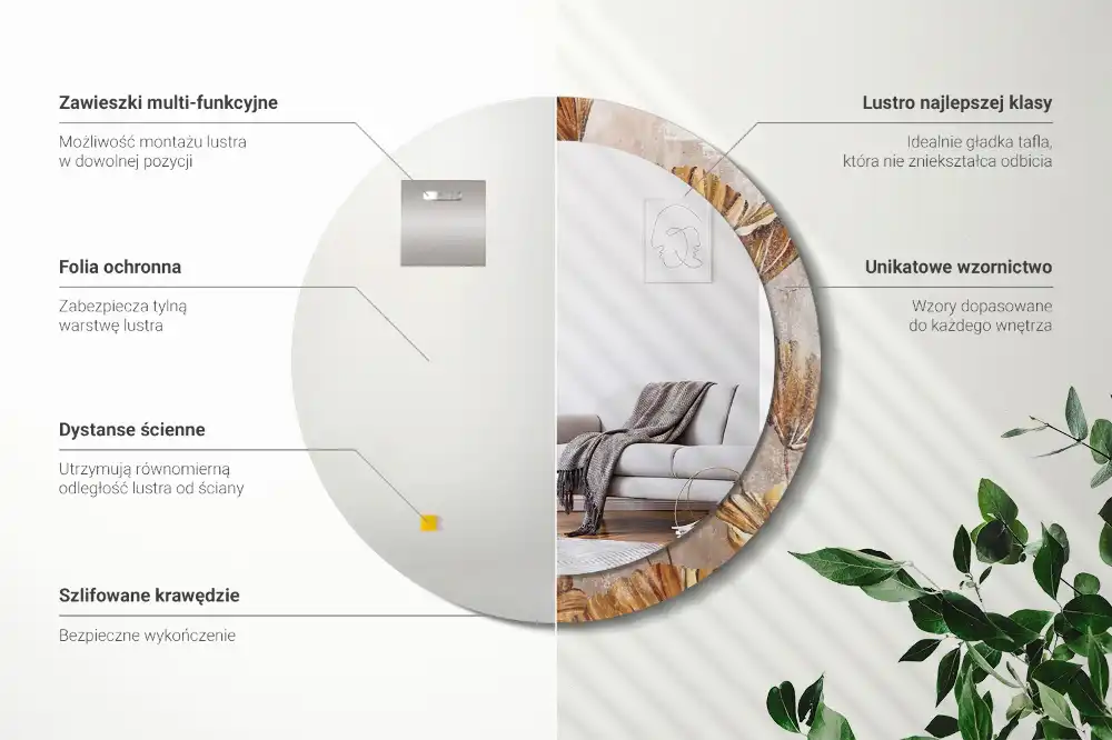 Miroir rond imprimé feuilles style boho