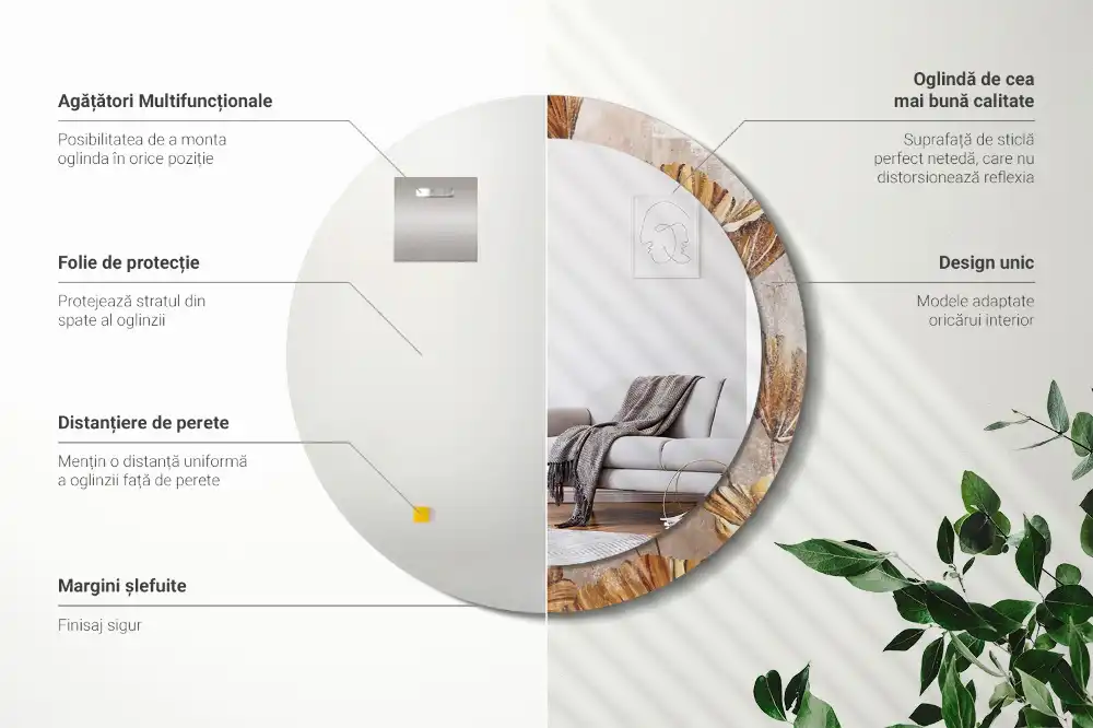 Miroir rond imprimé feuilles style boho
