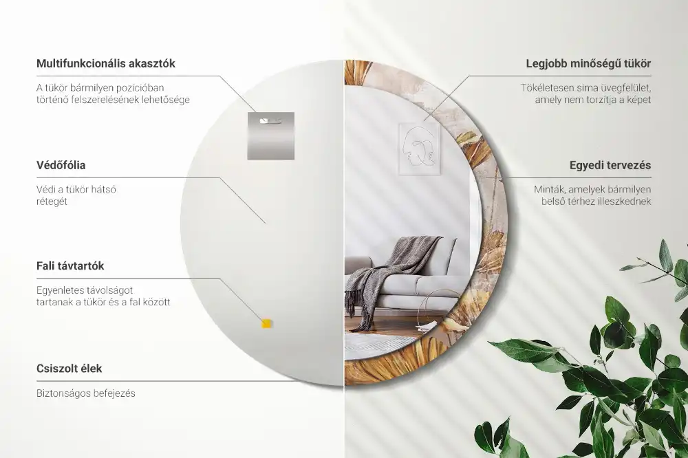 Miroir rond imprimé feuilles style boho