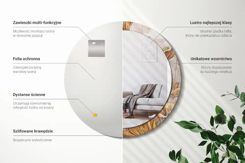 Miroir rond imprimé feuilles style boho