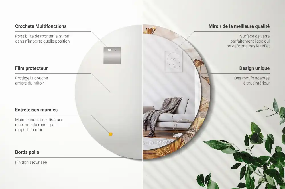 Miroir rond imprimé feuilles style boho