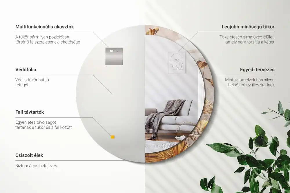 Miroir rond imprimé feuilles style boho