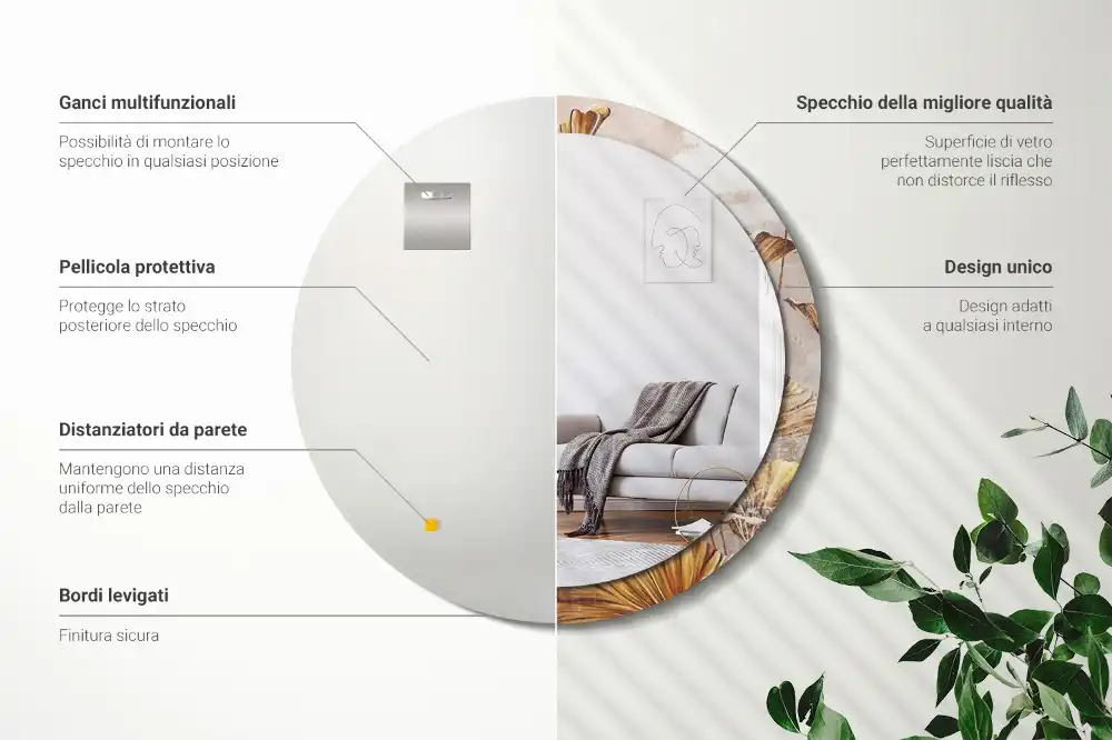 Miroir rond imprimé feuilles style boho