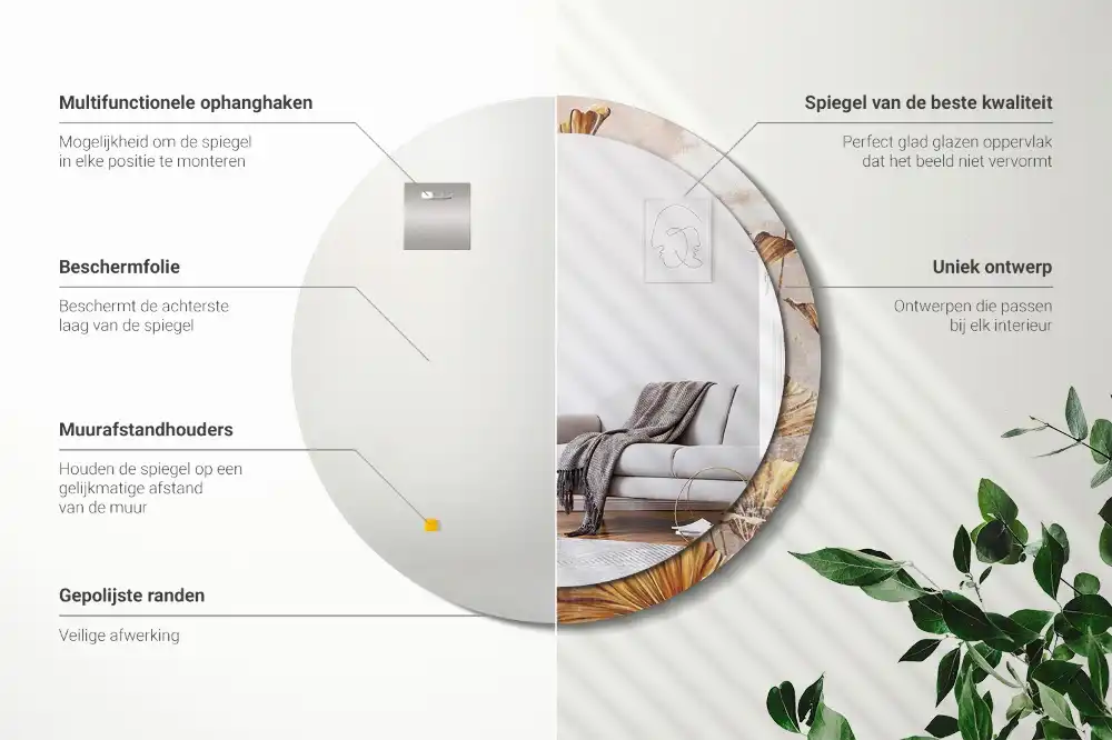 Miroir rond imprimé feuilles style boho