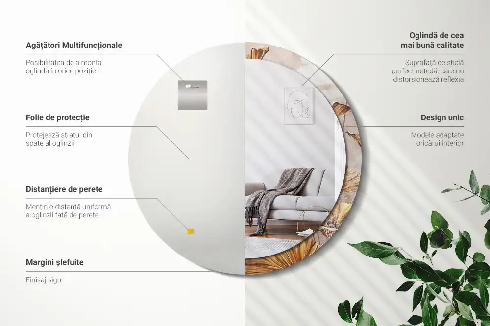 Miroir rond imprimé feuilles style boho