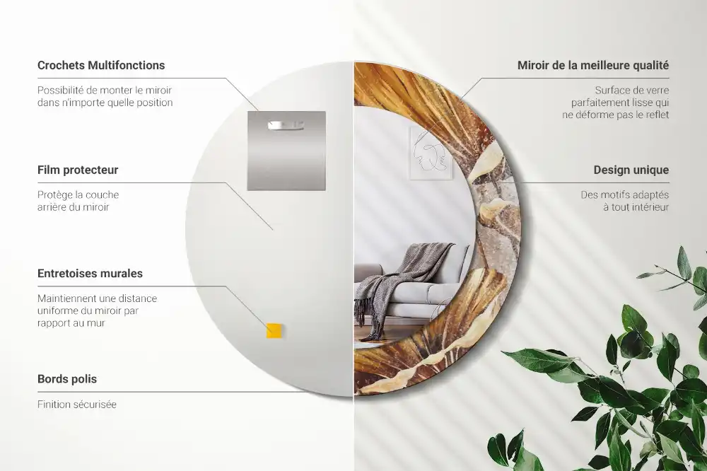 Miroir rond imprimé feuilles style boho