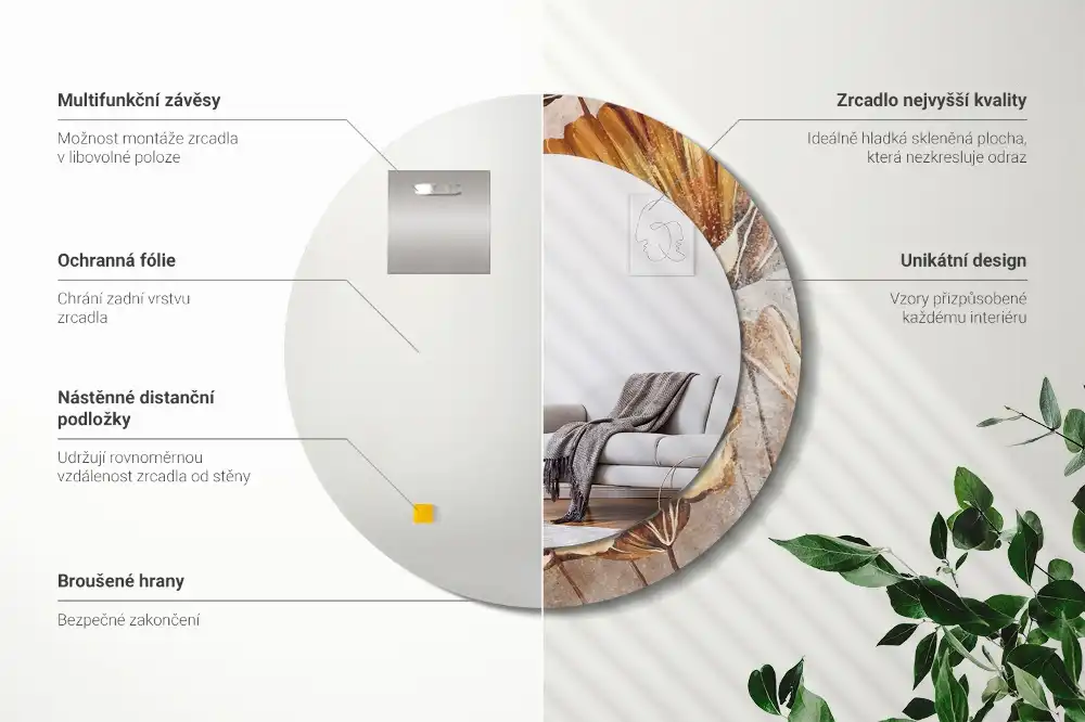 Miroir rond imprimé feuilles style boho