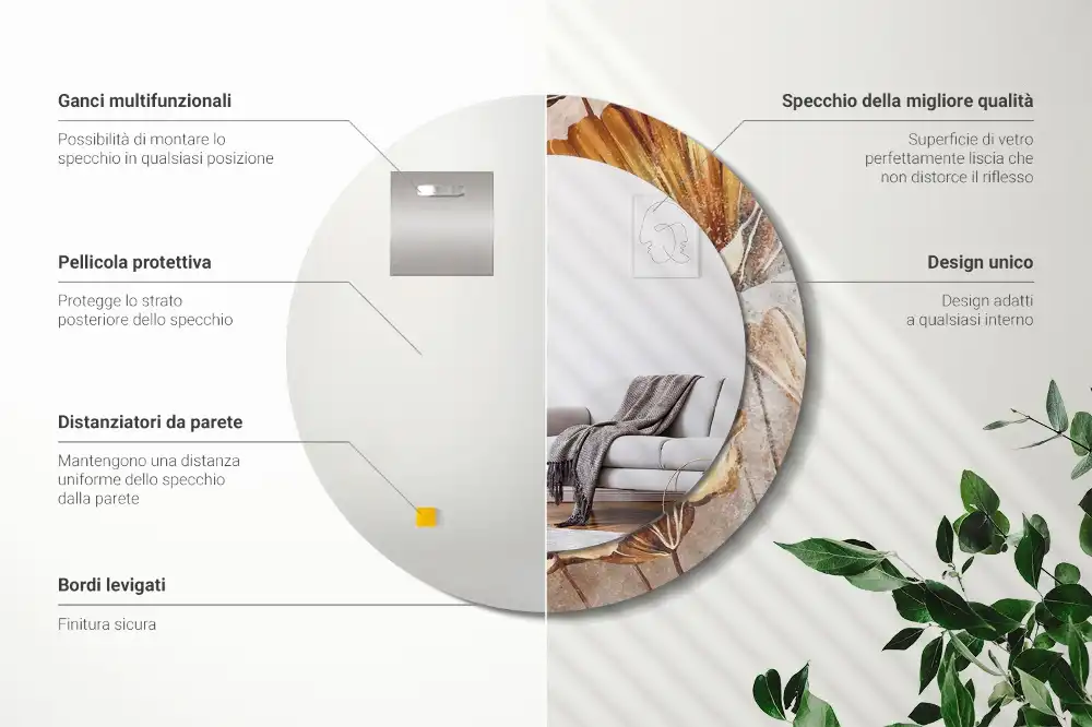 Miroir rond imprimé feuilles style boho