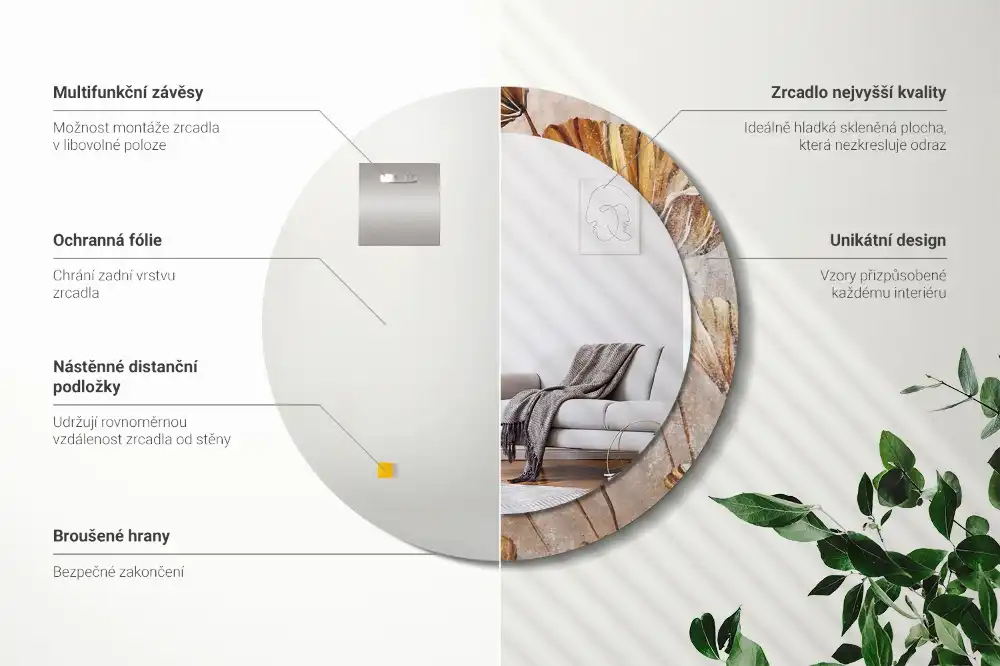 Miroir rond imprimé feuilles style boho