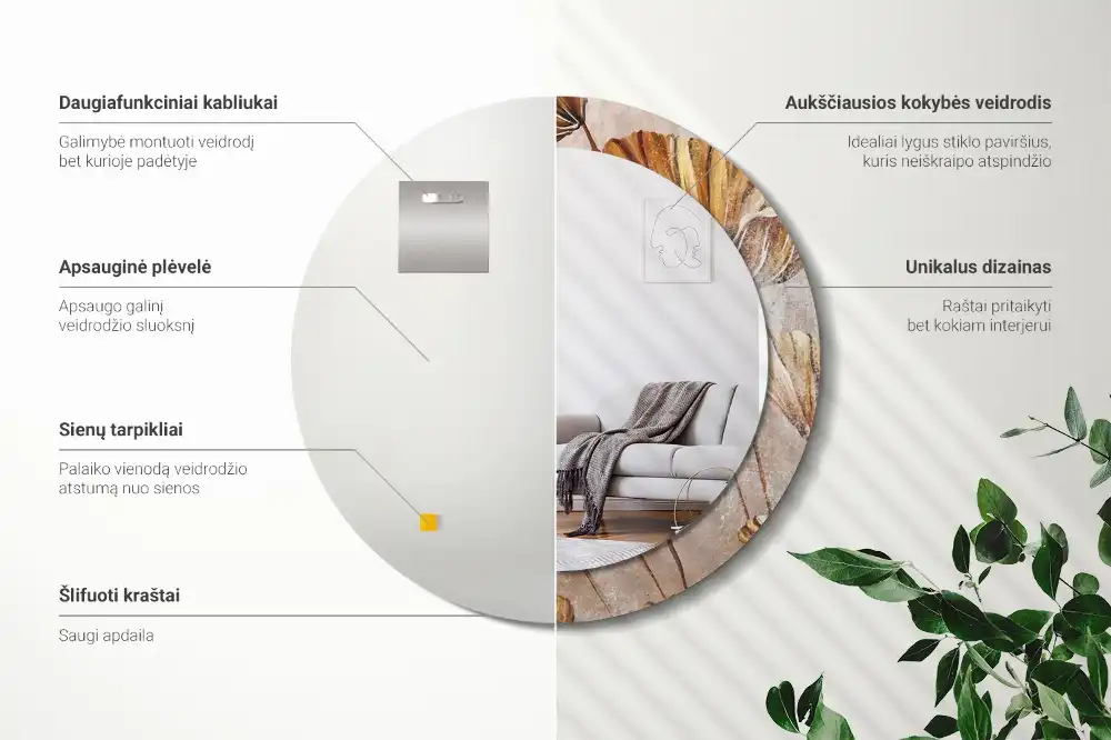 Miroir rond imprimé feuilles style boho