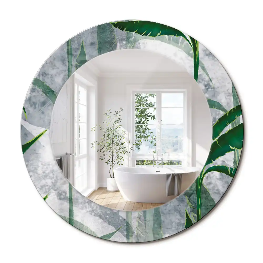 Miroir rond cadre avec impression feuilles tropicales