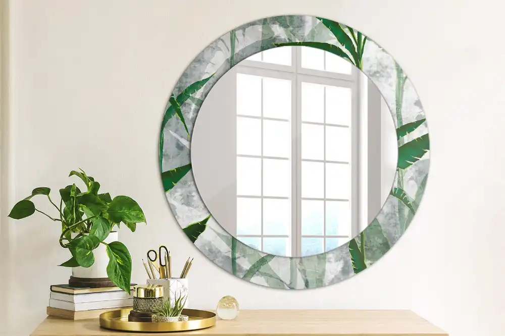 Miroir rond cadre avec impression feuilles tropicales