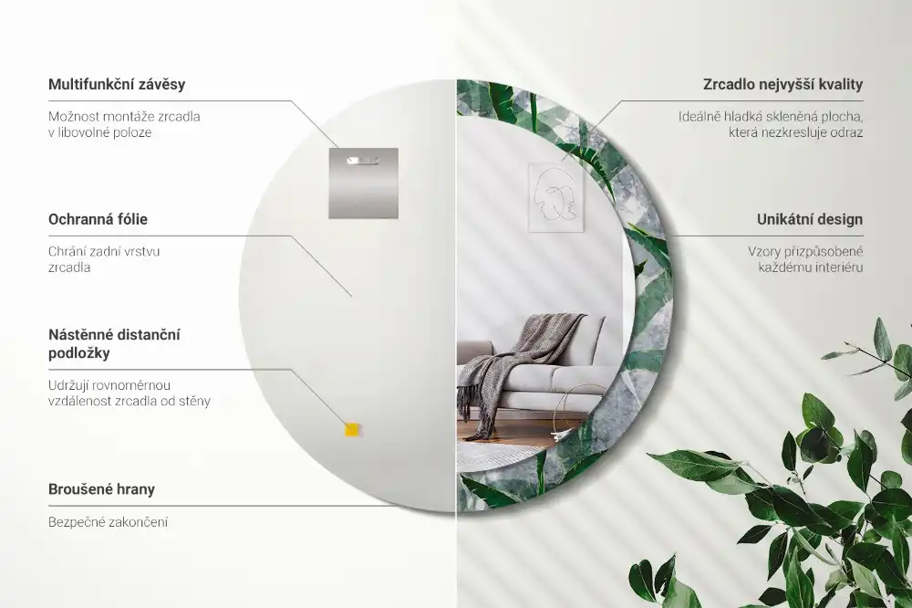 Miroir rond cadre avec impression feuilles tropicales