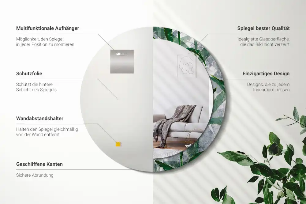 Miroir rond cadre avec impression feuilles tropicales