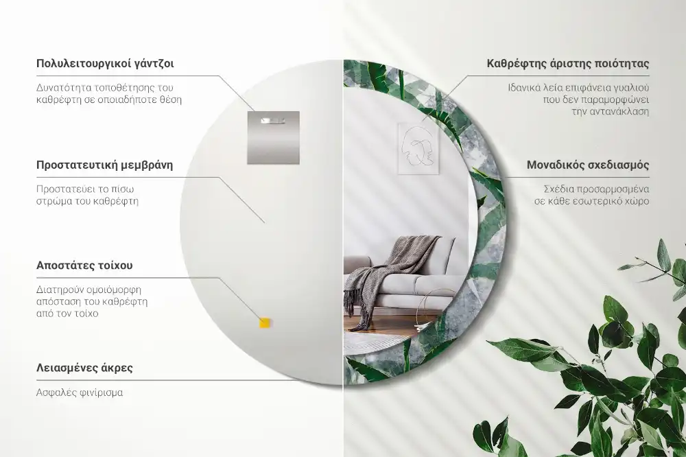 Miroir rond cadre avec impression feuilles tropicales