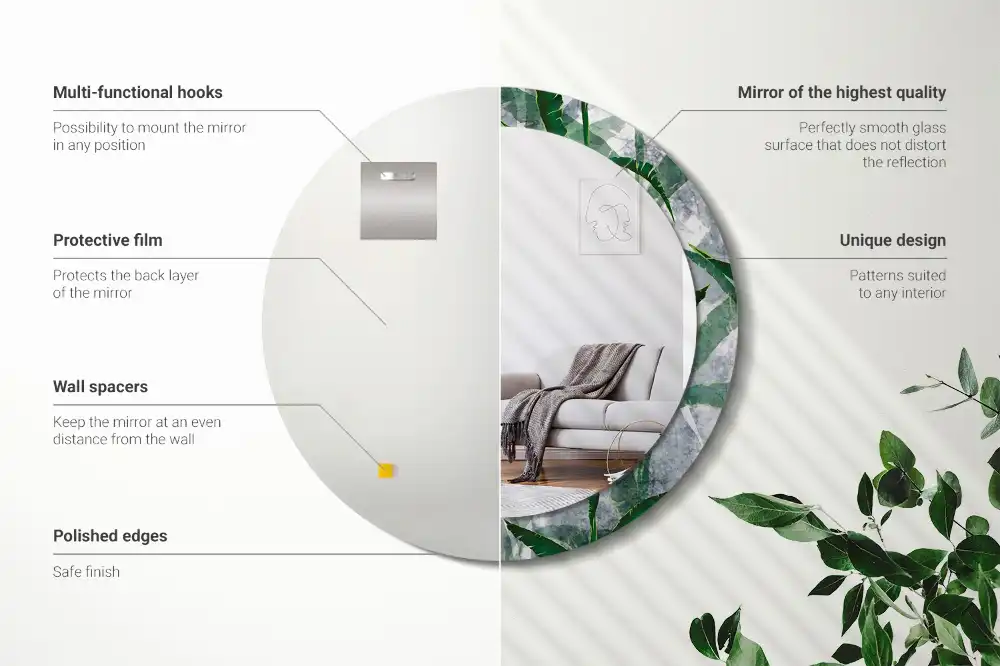 Miroir rond cadre avec impression feuilles tropicales