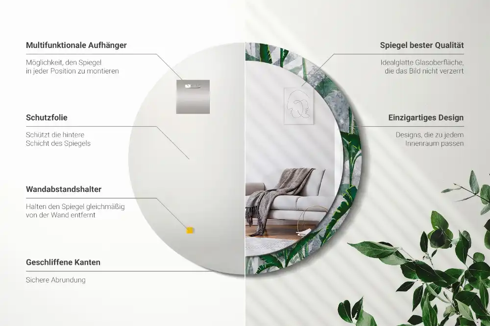 Miroir rond cadre avec impression feuilles tropicales