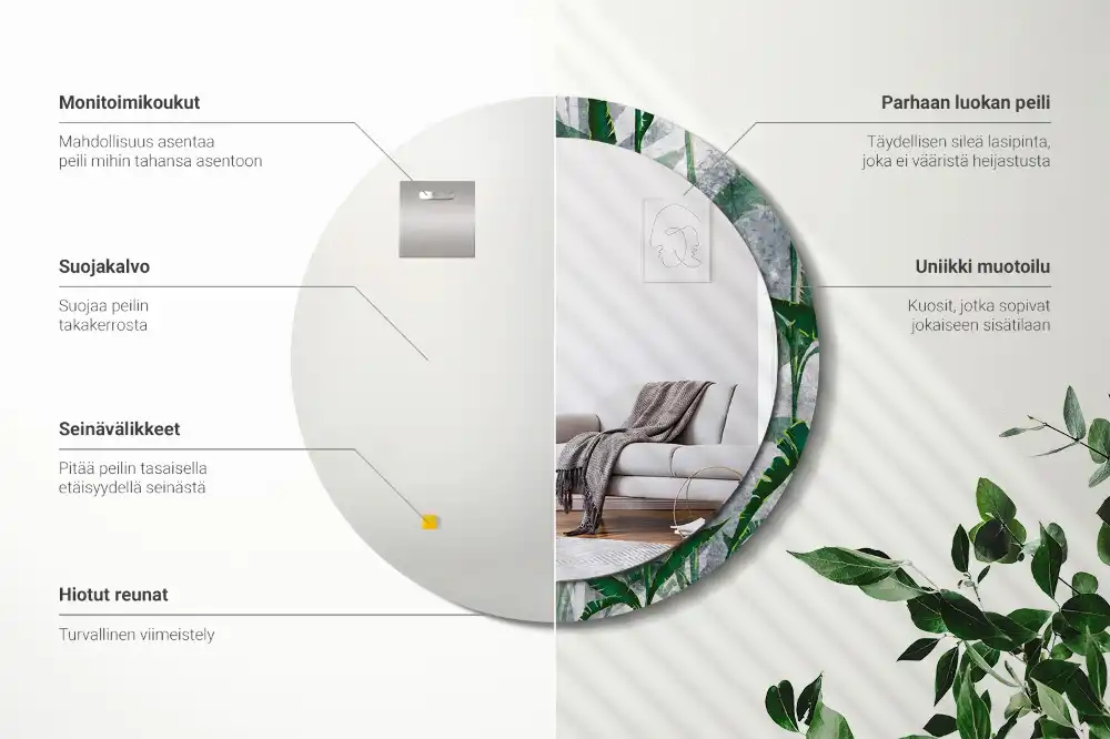 Miroir rond cadre avec impression feuilles tropicales