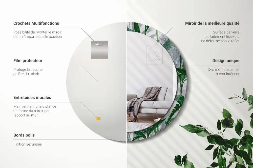 Miroir rond cadre avec impression feuilles tropicales
