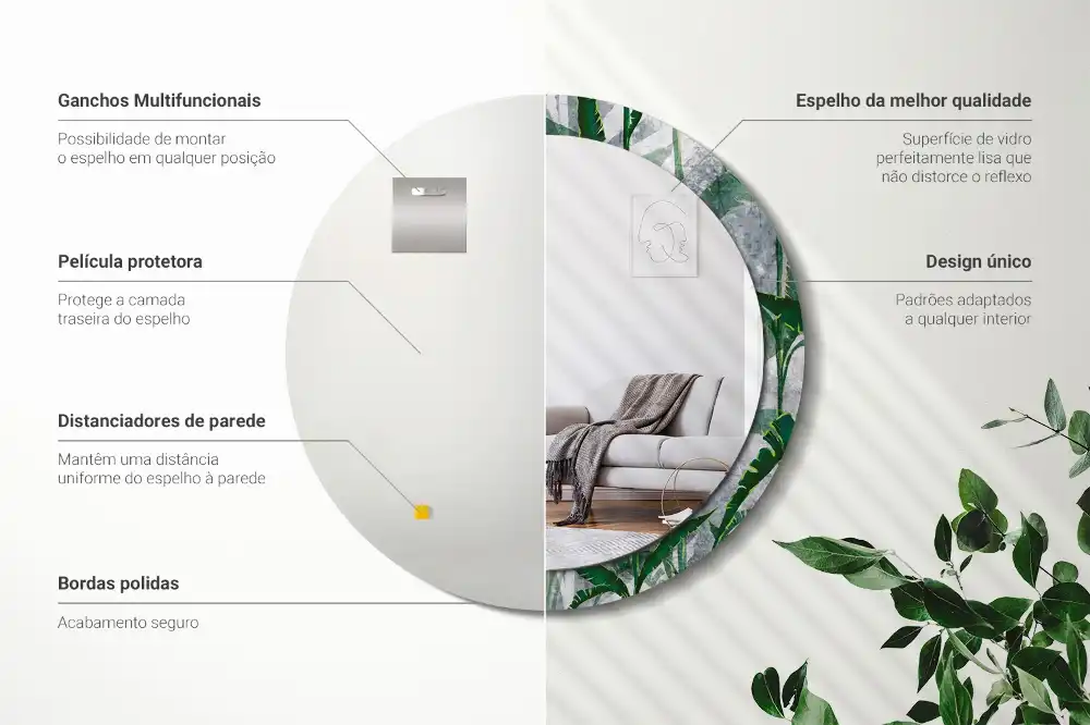 Miroir rond cadre avec impression feuilles tropicales