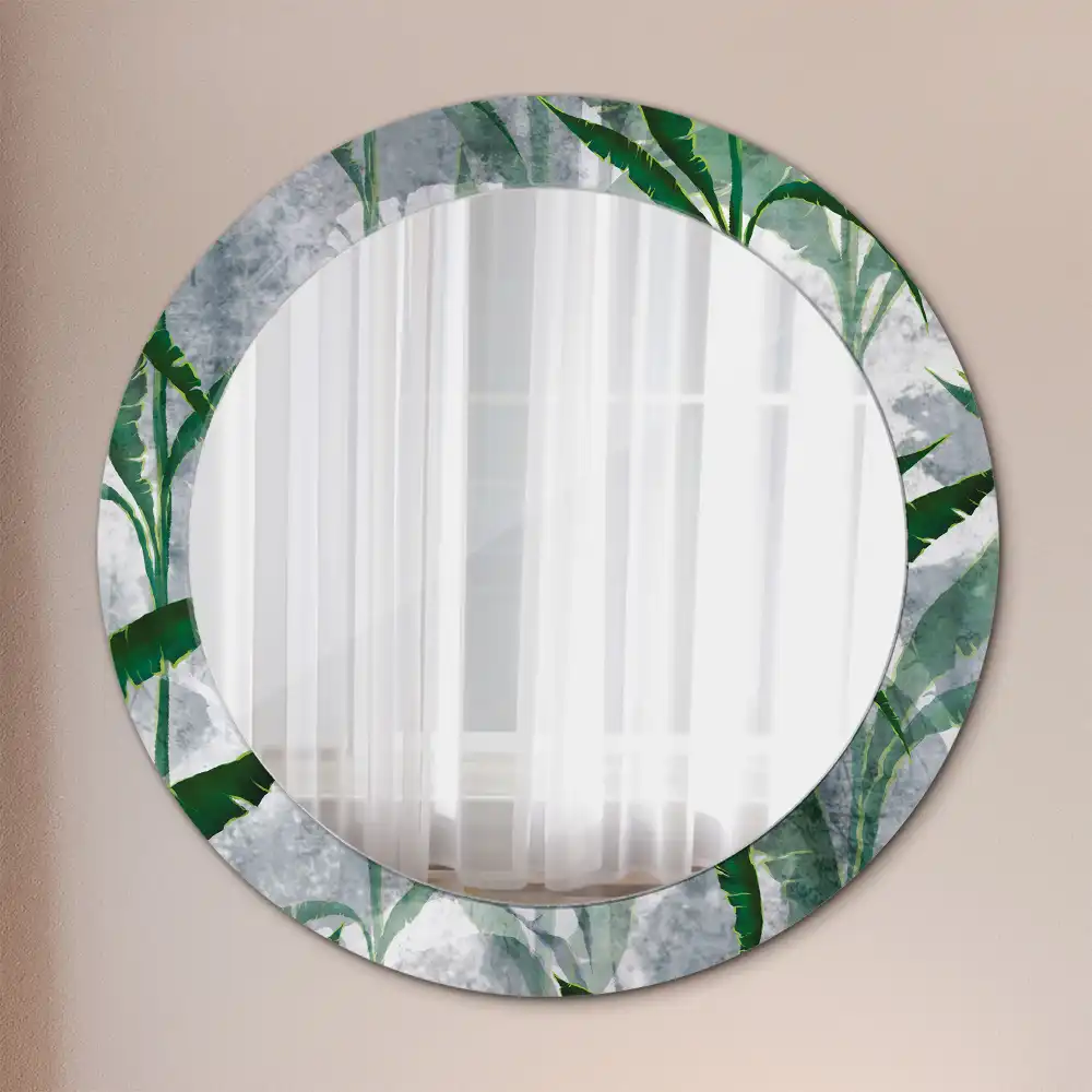 Miroir rond cadre avec impression feuilles tropicales