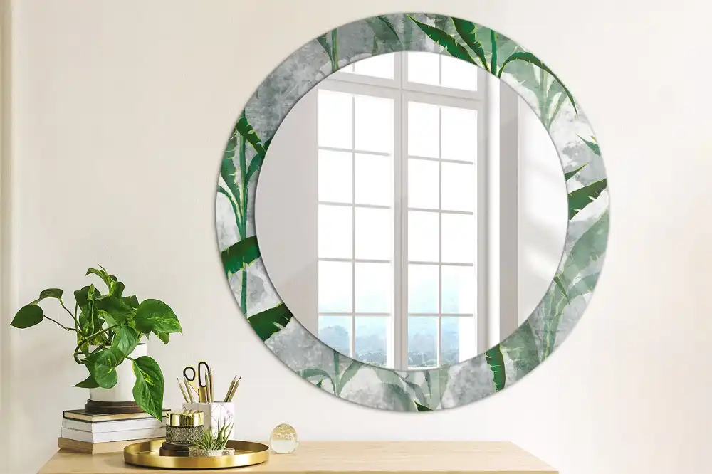 Miroir rond cadre avec impression feuilles tropicales