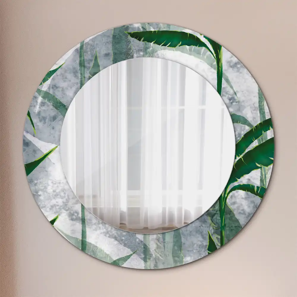 Miroir rond cadre avec impression feuilles tropicales