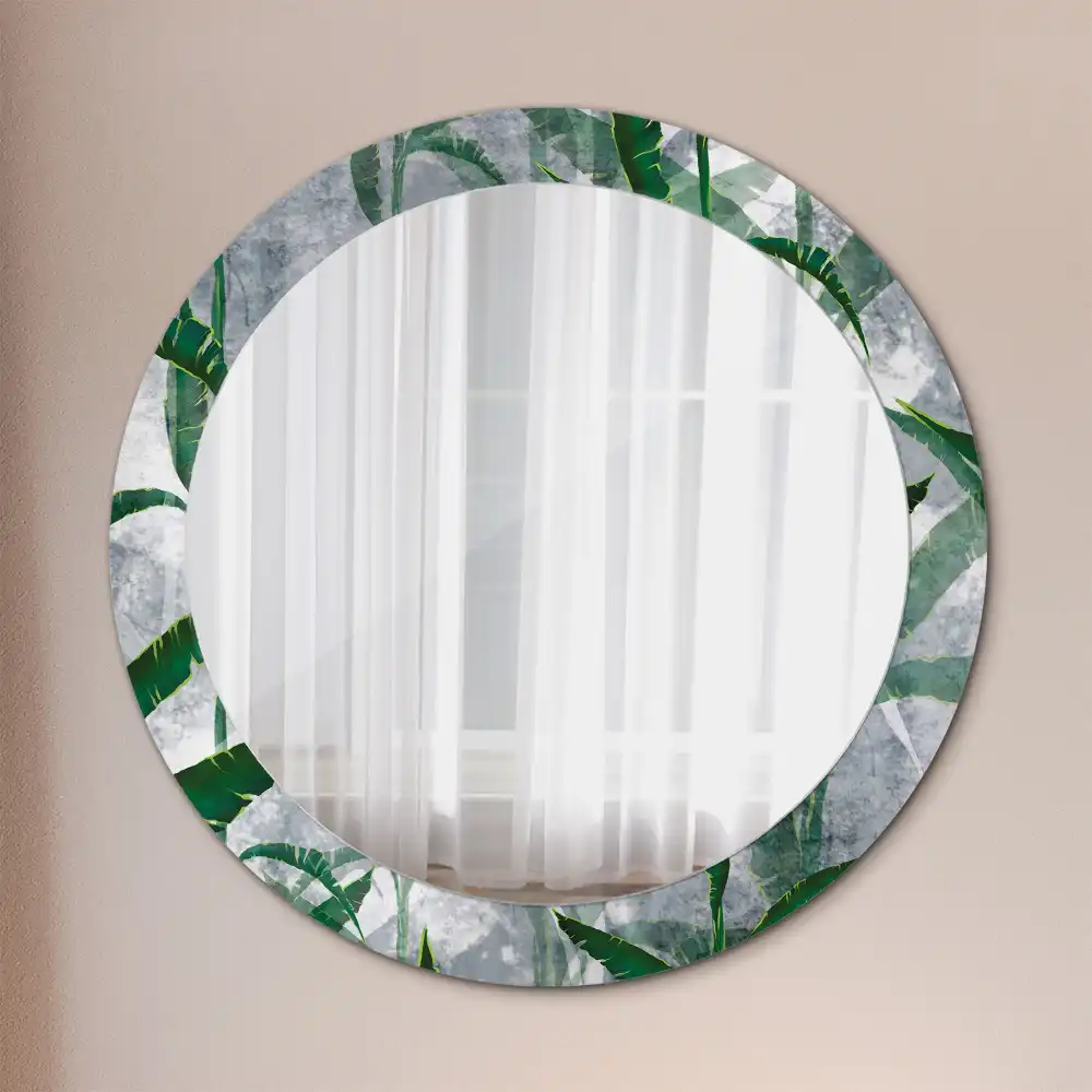 Miroir rond cadre avec impression feuilles tropicales