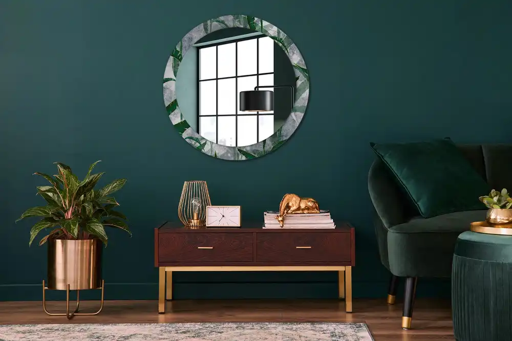 Miroir rond cadre avec impression feuilles tropicales
