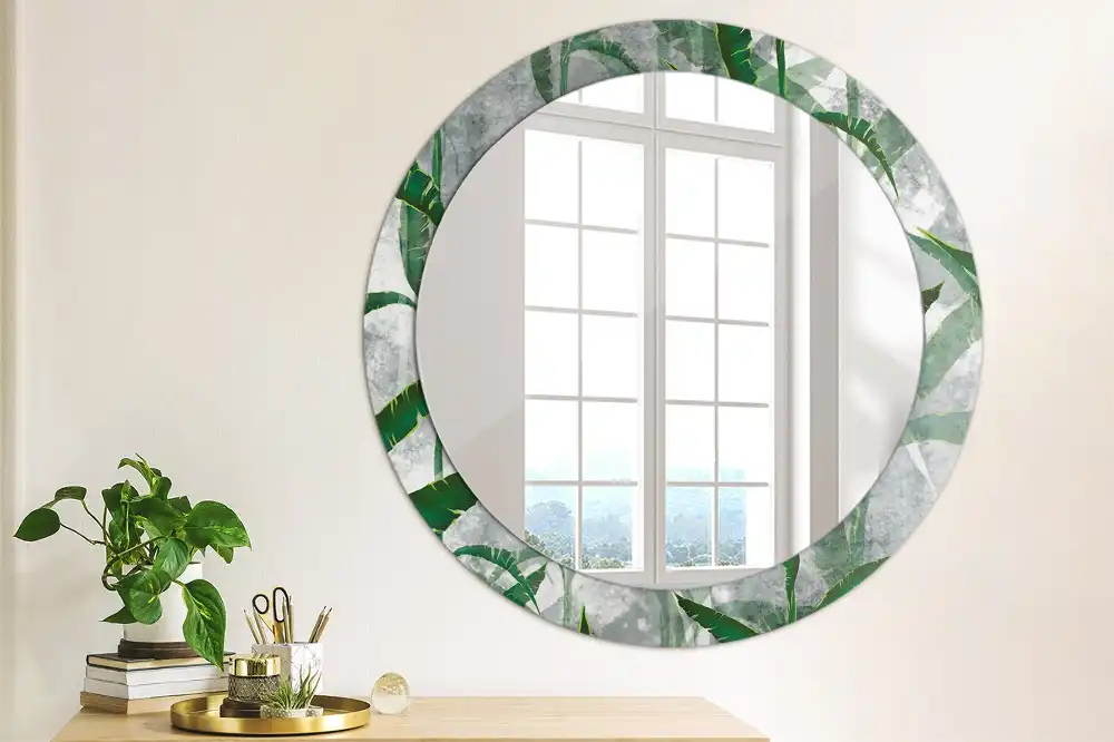 Miroir rond cadre avec impression feuilles tropicales