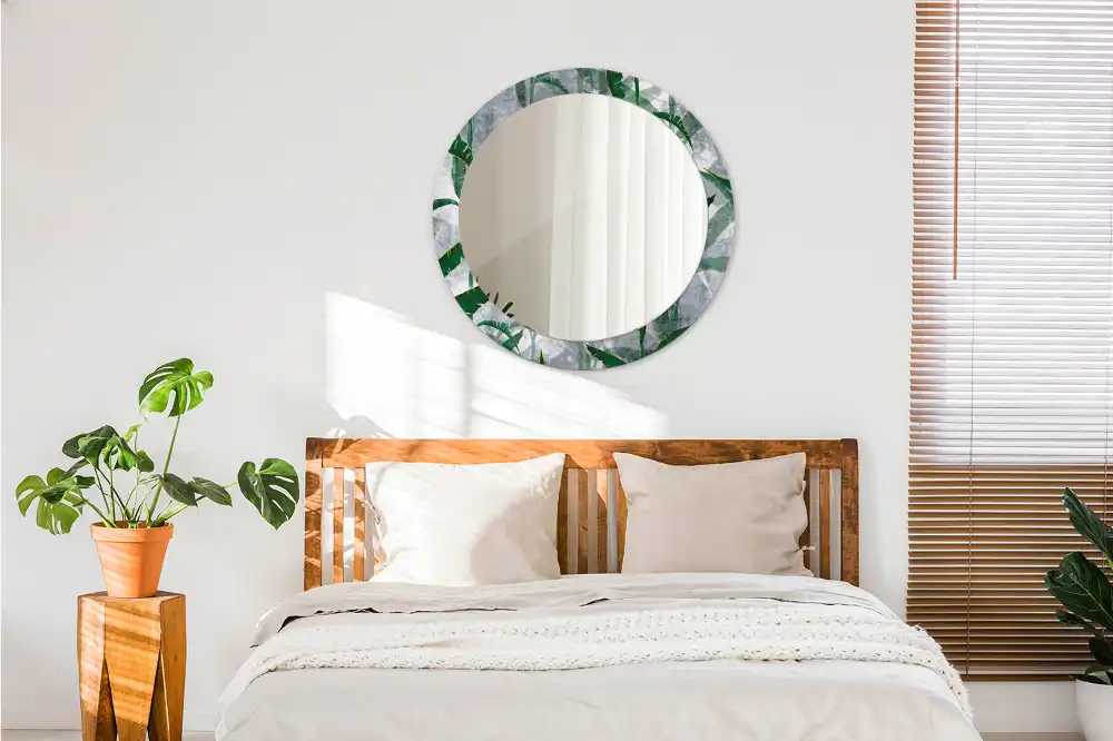 Miroir rond cadre avec impression feuilles tropicales