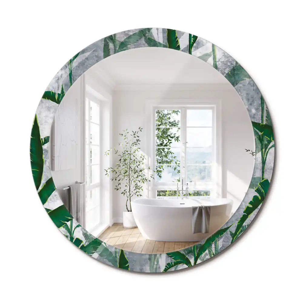 Miroir rond cadre avec impression feuilles tropicales