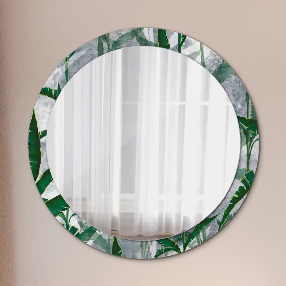 Miroir rond cadre avec impression feuilles tropicales