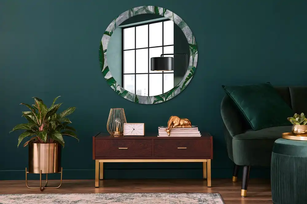 Miroir rond cadre avec impression feuilles tropicales