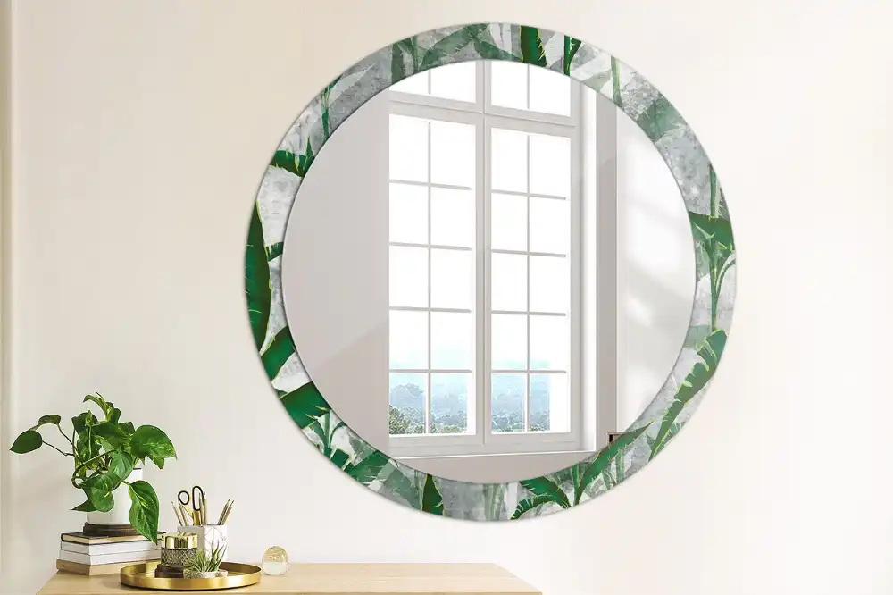 Miroir rond cadre avec impression feuilles tropicales