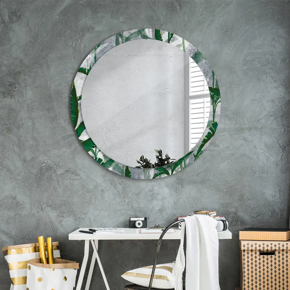 Miroir rond cadre avec impression feuilles tropicales