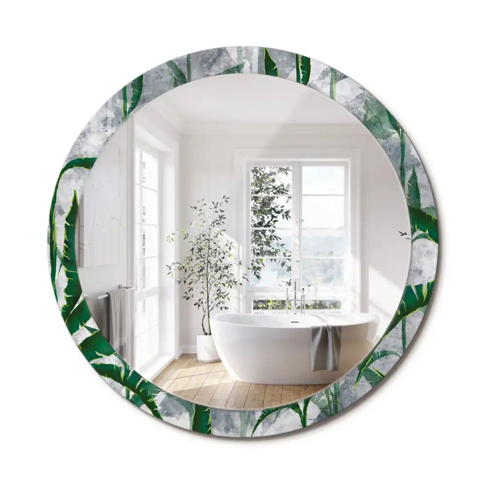Miroir rond cadre avec impression feuilles tropicales