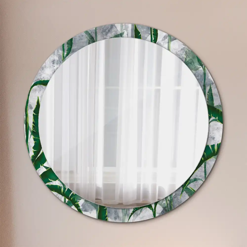 Miroir rond cadre avec impression feuilles tropicales