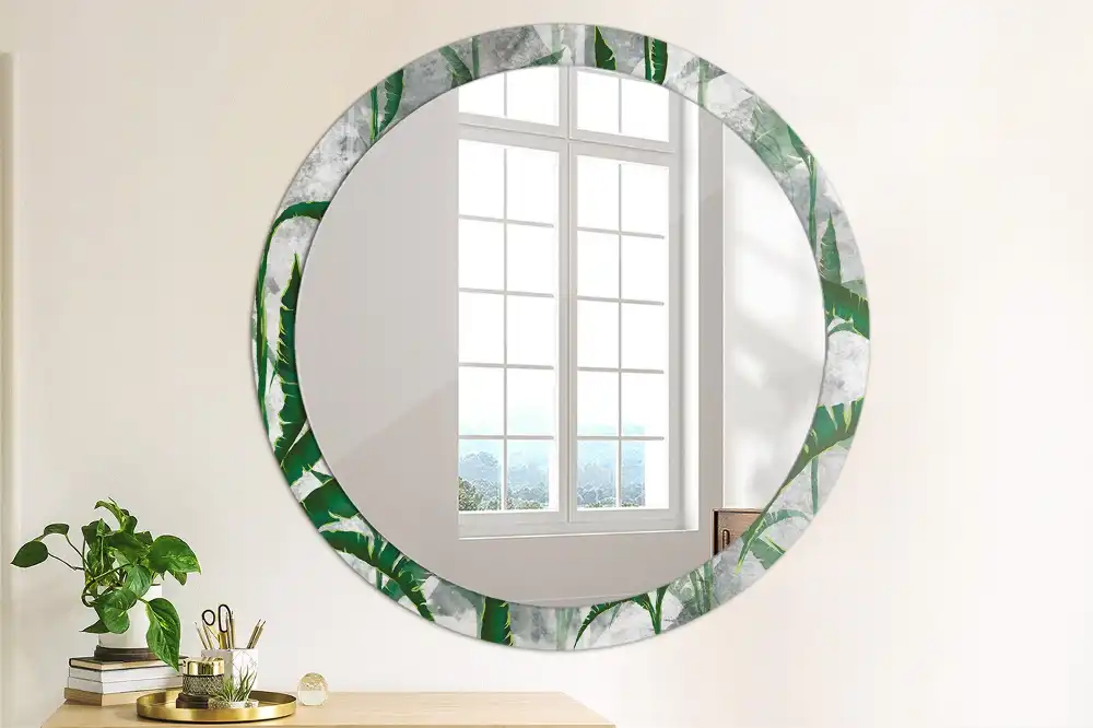 Miroir rond cadre avec impression feuilles tropicales