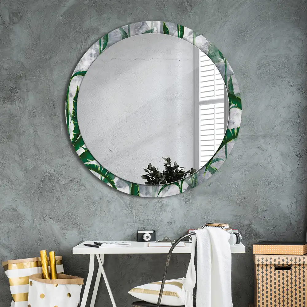 Miroir rond cadre avec impression feuilles tropicales