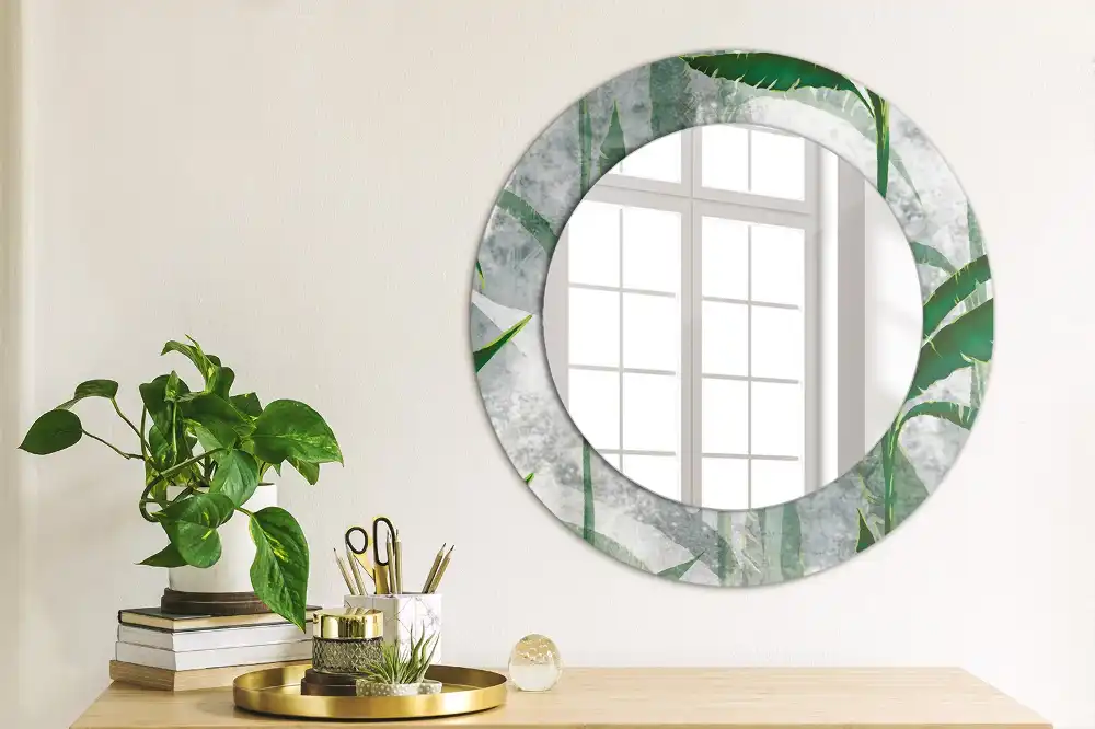 Miroir rond cadre avec impression feuilles tropicales
