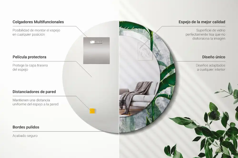 Miroir rond cadre avec impression feuilles tropicales