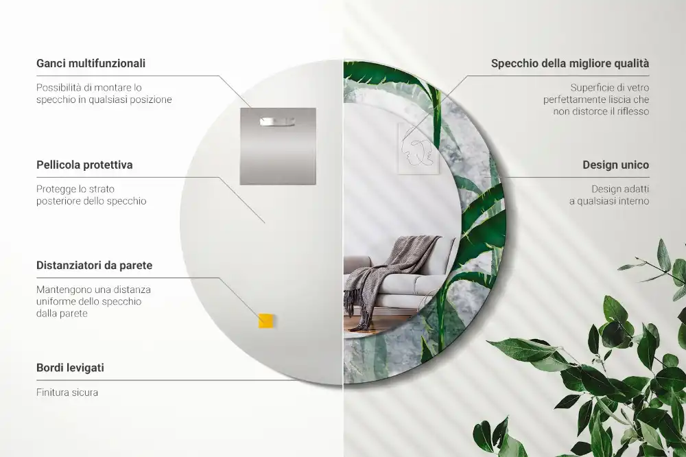 Miroir rond cadre avec impression feuilles tropicales